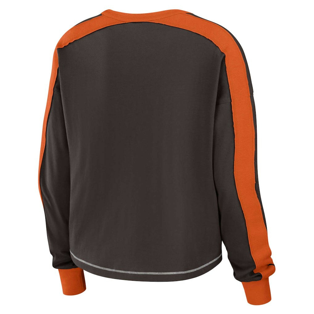 WEAR by Erin Andrews Women's Color Block Modest Crop Long Sleeve T-Shirt - Cleveland Browns T-shirts