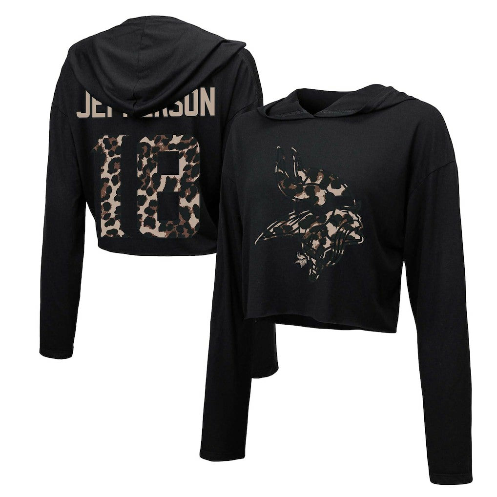 Justin Jefferson  Majestic Threads Women's Leopard Player Name & Number Long Sleeve Cropped Hoodie - Minnesota Vikings Hoodies