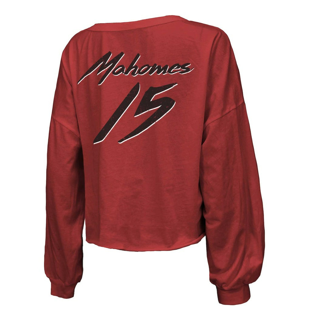 Patrick Mahomes  Majestic Threads Women's Name & Number Off-Shoulder Script Cropped Long Sleeve Relaxed V-Neck T-Shirt - Kansas City Chiefs T-shirts