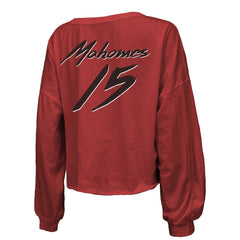 Patrick Mahomes  Majestic Threads Women's Name & Number Off-Shoulder Script Cropped Long Sleeve Relaxed V-Neck T-Shirt - Kansas City Chiefs T-shirts