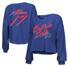 Josh Allen  Majestic Threads Women's Name & Number Off-Shoulder Script Cropped Long Sleeve Relaxed V-Neck T-Shirt - Buffalo Bills T-shirts
