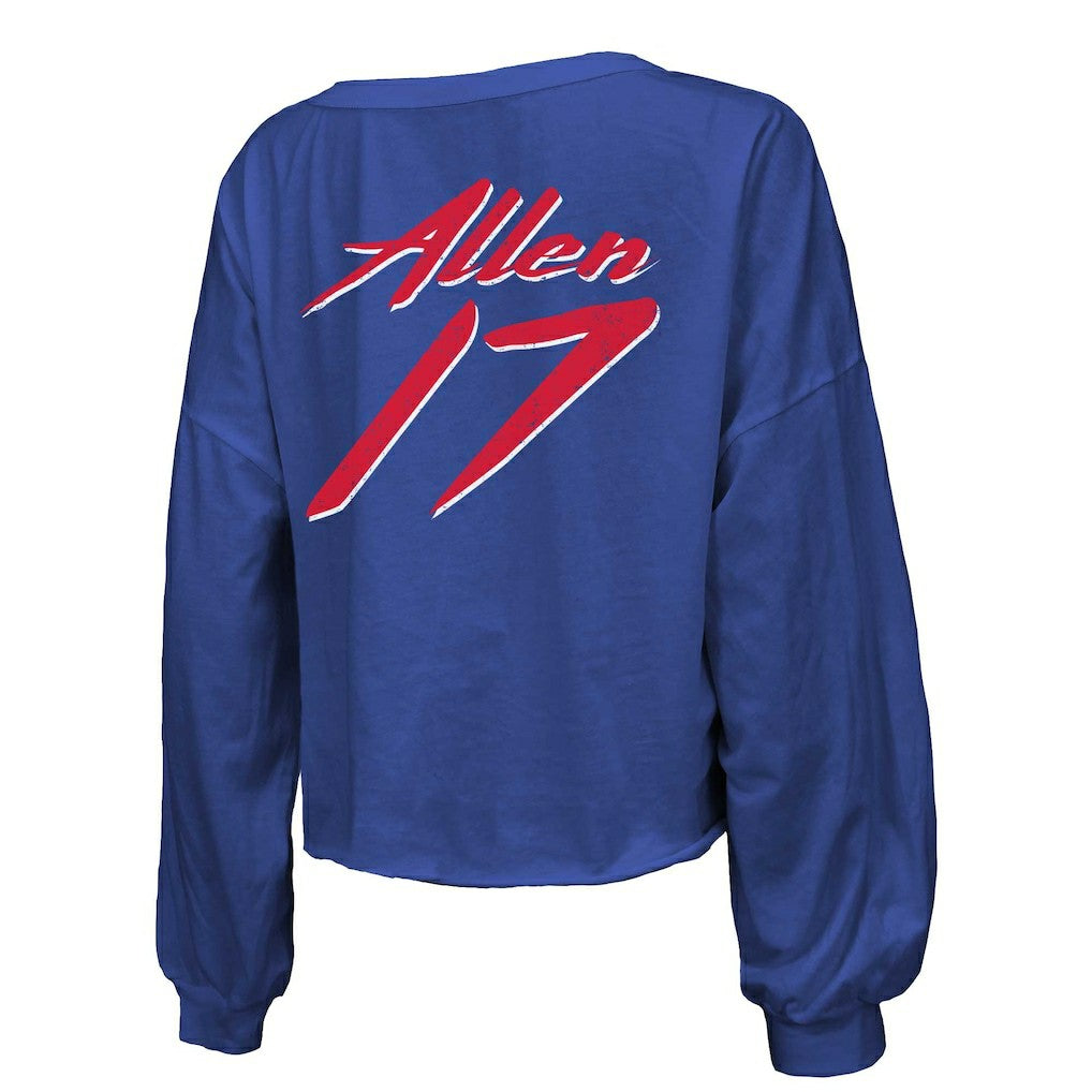 Josh Allen  Majestic Threads Women's Name & Number Off-Shoulder Script Cropped Long Sleeve Relaxed V-Neck T-Shirt - Buffalo Bills T-shirts