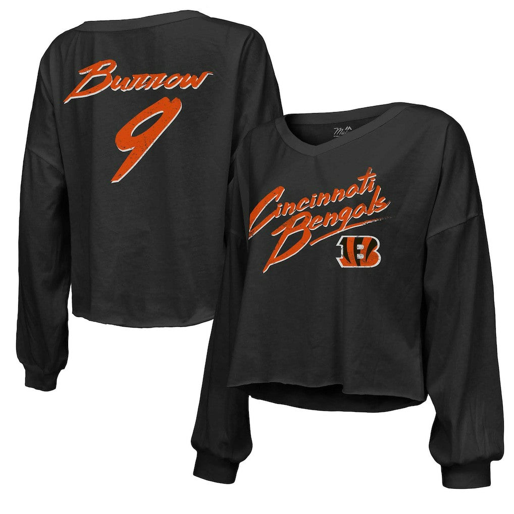 Joe Burrow  Majestic Threads Women's Name & Number Off-Shoulder Script Cropped Long Sleeve Relaxed V-Neck T-Shirt - Cincinnati Bengals T-shirts