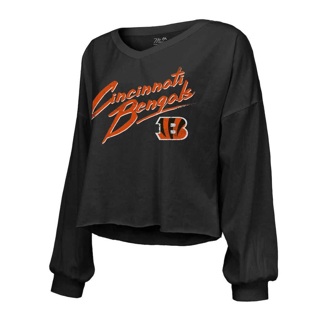 Joe Burrow  Majestic Threads Women's Name & Number Off-Shoulder Script Cropped Long Sleeve Relaxed V-Neck T-Shirt - Cincinnati Bengals T-shirts