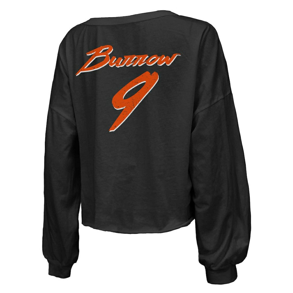 Joe Burrow  Majestic Threads Women's Name & Number Off-Shoulder Script Cropped Long Sleeve Relaxed V-Neck T-Shirt - Cincinnati Bengals T-shirts