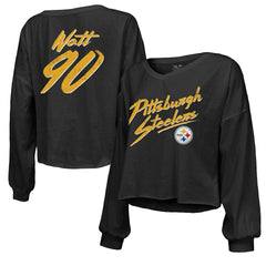T.J. Watt  Majestic Threads Women's Name & Number Off-Shoulder Script Cropped Long Sleeve Relaxed V-Neck T-Shirt - Pittsburgh Steelers T-shirts