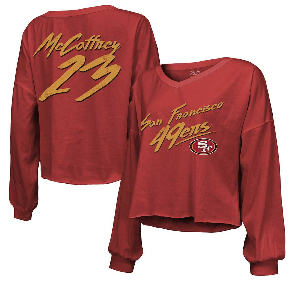 Christian McCaffrey  Majestic Threads Women's Name & Number Off-Shoulder Script Cropped Long Sleeve V-Neck T-Shirt - San Francisco 49ers T-shirts