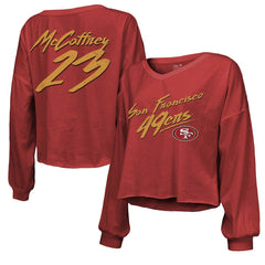 Christian McCaffrey  Majestic Threads Women's Name & Number Off-Shoulder Script Cropped Long Sleeve V-Neck T-Shirt - San Francisco 49ers T-shirts