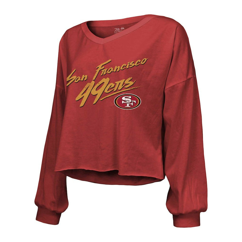 Christian McCaffrey  Majestic Threads Women's Name & Number Off-Shoulder Script Cropped Long Sleeve V-Neck T-Shirt - San Francisco 49ers T-shirts