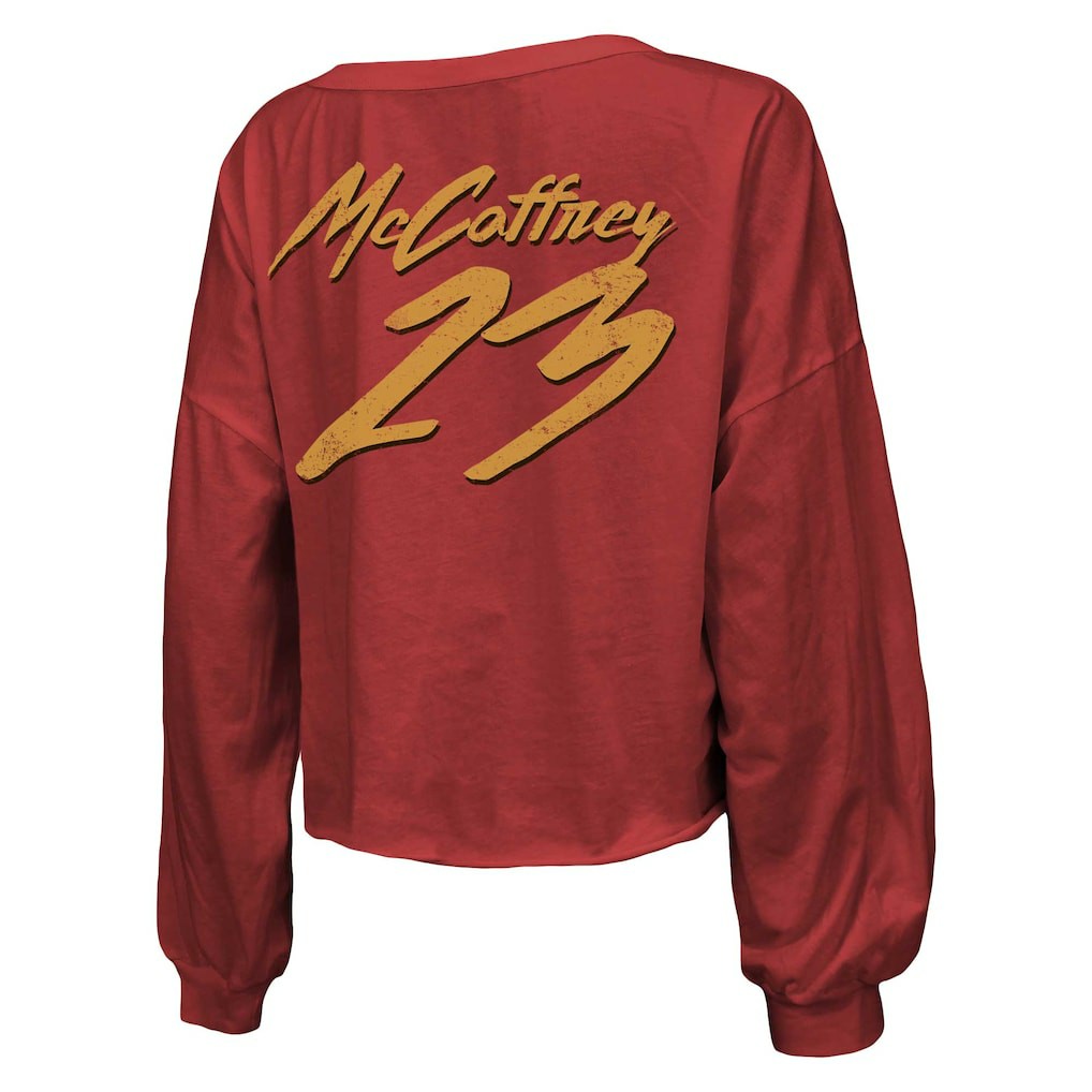Christian McCaffrey  Majestic Threads Women's Name & Number Off-Shoulder Script Cropped Long Sleeve V-Neck T-Shirt - San Francisco 49ers T-shirts