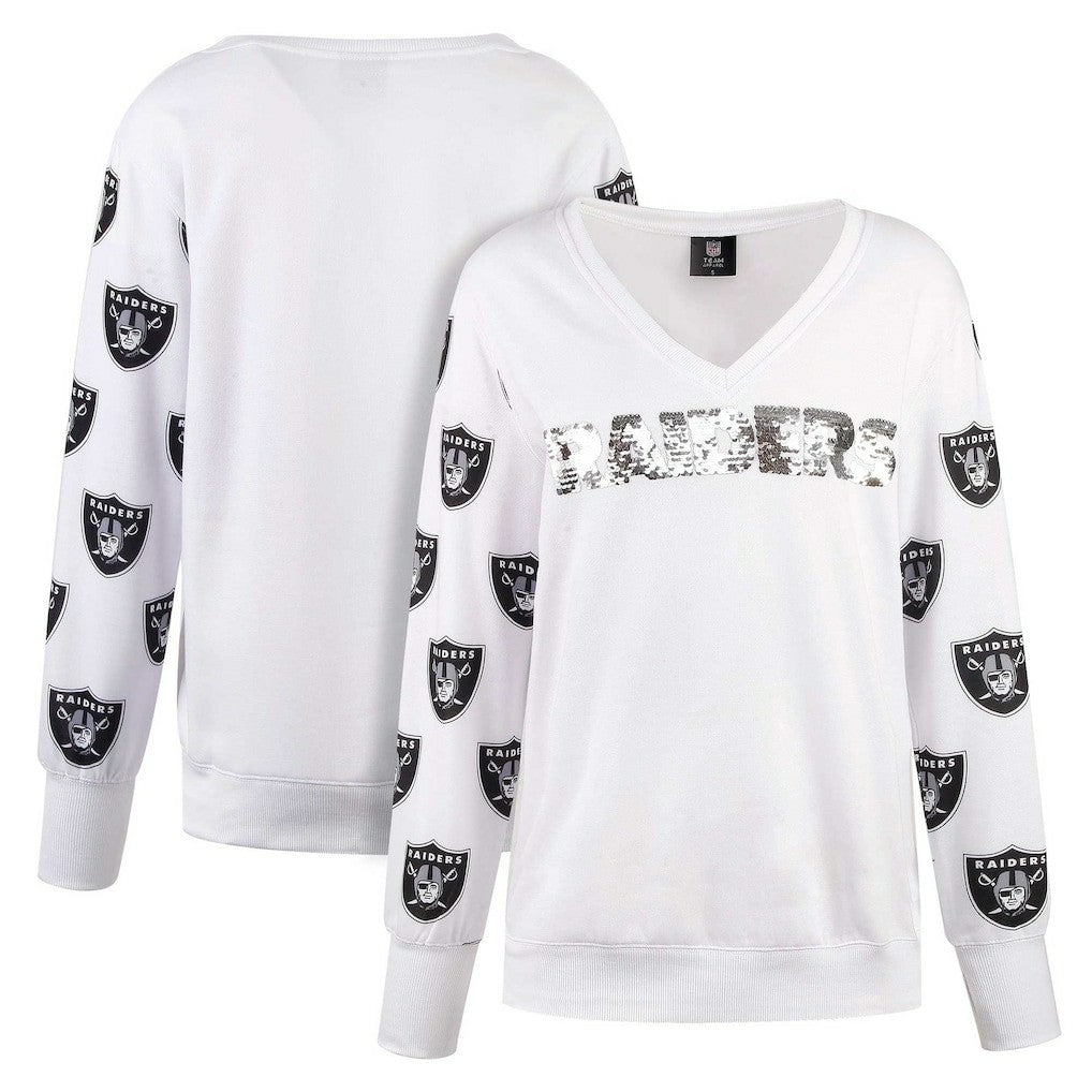 Cuce Women's Sequin Fleece V-Neck T-Shirt - Las Vegas Raiders T-shirts