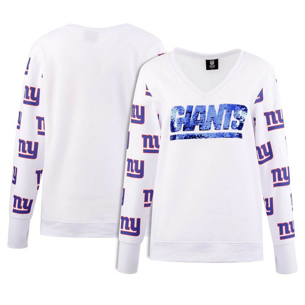 Cuce Women's Sequin Fleece V-Neck T-Shirt - New York Giants T-shirts