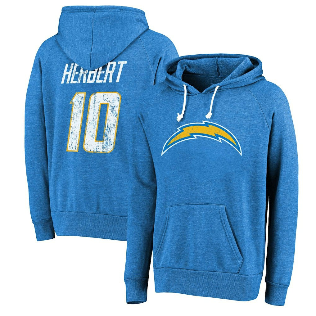 Justin Herbert  Majestic Threads Name & Number Tri-Blend Pullover Hoodie - Los Angeles Chargers Hoodies