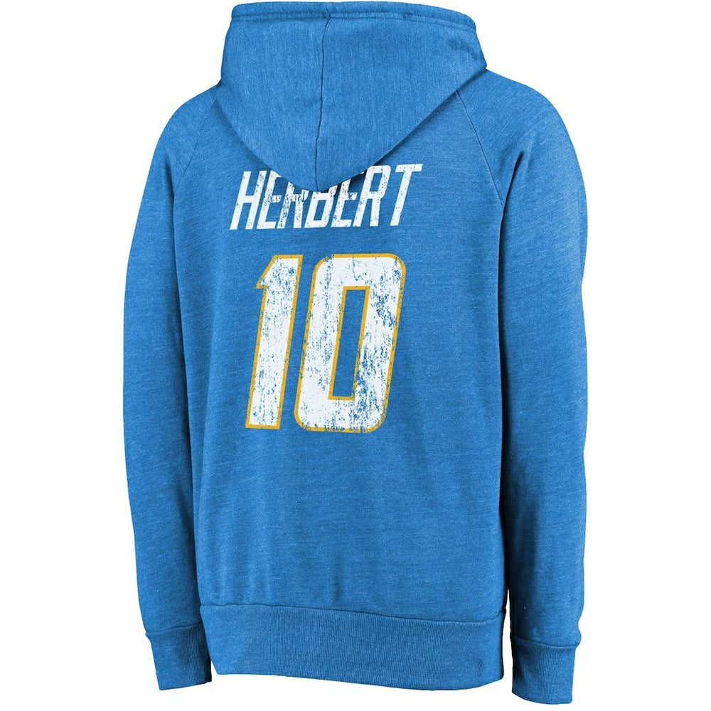 Justin Herbert  Majestic Threads Name & Number Tri-Blend Pullover Hoodie - Los Angeles Chargers Hoodies