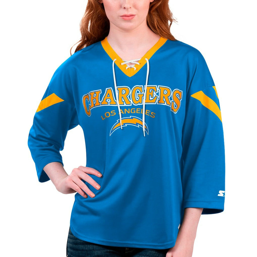 Starter Women's Rally Lace-Up 3/4 Sleeve T-Shirt - Los Angeles Chargers T-shirts