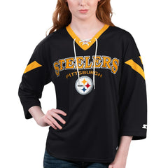 Starter Women's Rally Lace-Up 3/4 Sleeve T-Shirt - Pittsburgh Steelers T-shirts