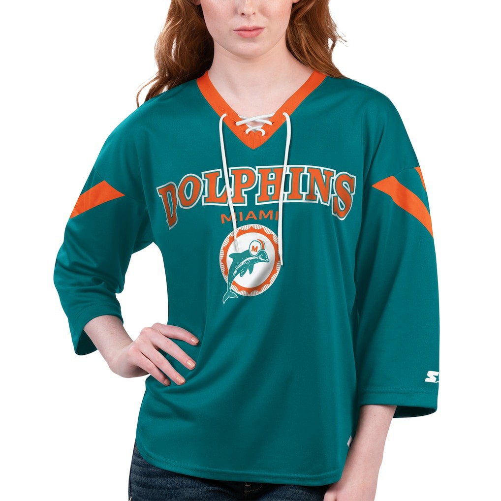 Starter Women's Rally Lace-Up 3/4 Sleeve T-Shirt - Miami Dolphins T-shirts