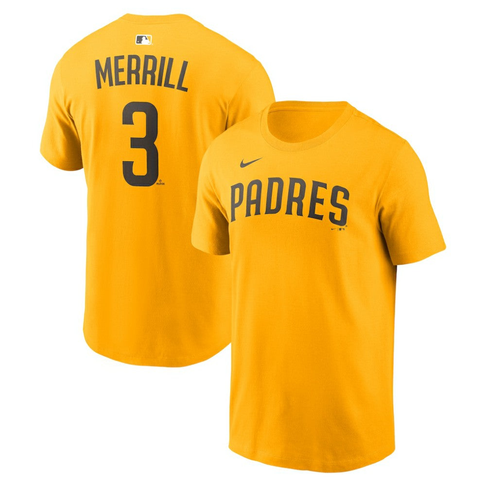 Gold Jackson Merrill San Diego Padres Nike Name & Number T-Shirt
