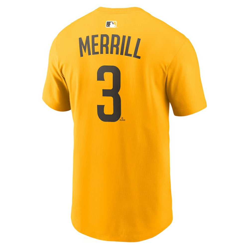 Gold Jackson Merrill San Diego Padres Nike Name & Number T-Shirt