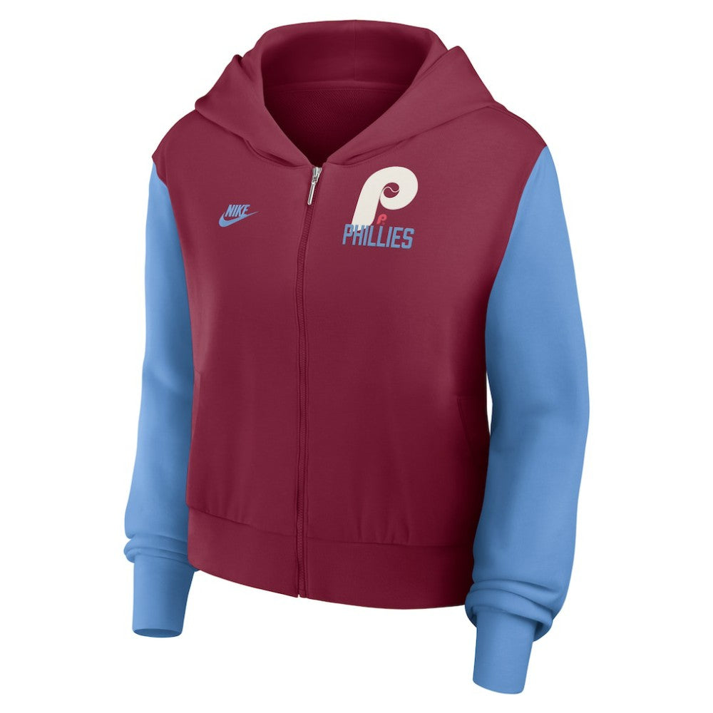 Burgundy/Light Blue Philadelphia Phillies Nike Women's Cooperstown Collection Cropped Full-Zip Hoodie