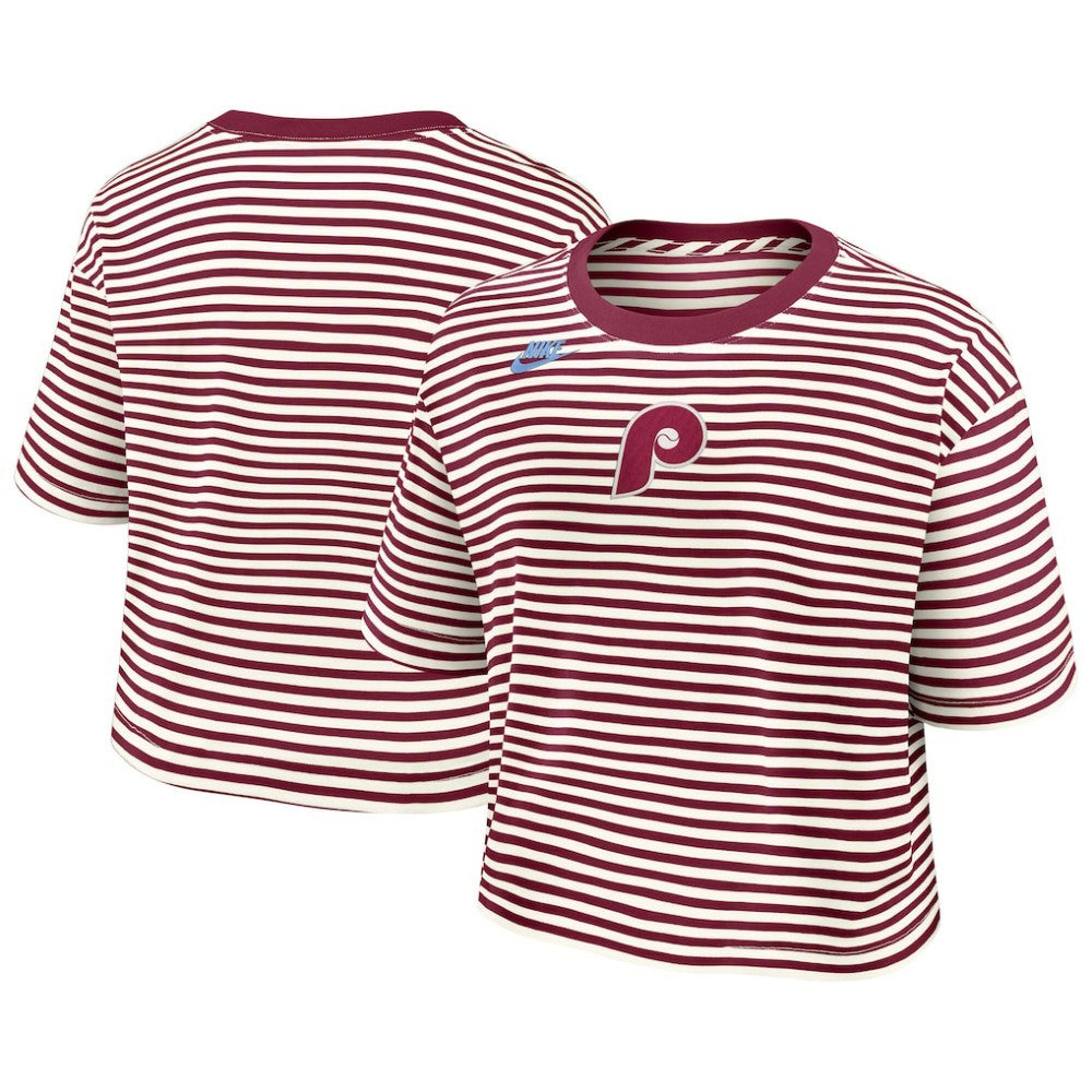 Burgundy/Cream Philadelphia Phillies Nike Women's Cooperstown Collection Striped Cropped T-Shirt