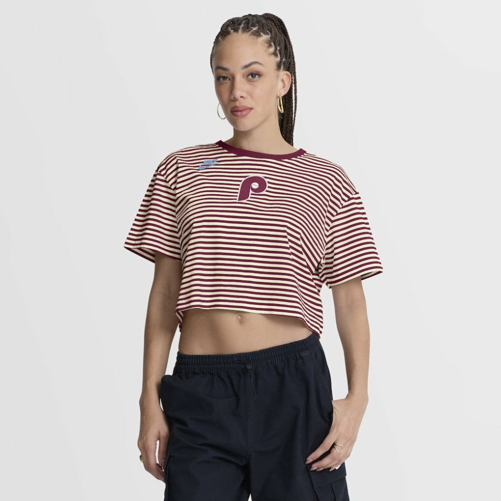 Burgundy/Cream Philadelphia Phillies Nike Women's Cooperstown Collection Striped Cropped T-Shirt
