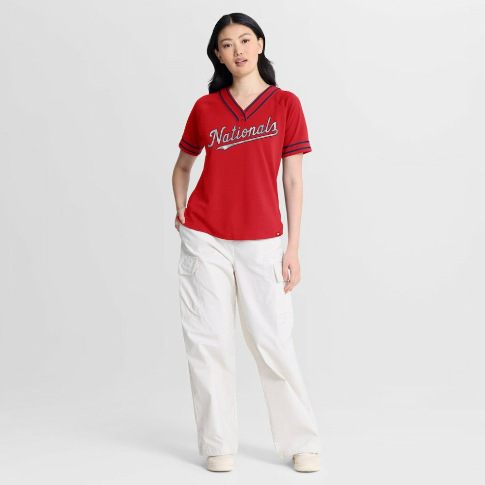 Red Washington Nationals Fanatics Women's Diva Race Ahead Raglan V-Neck T-Shirt