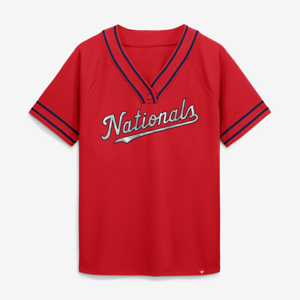 Red Washington Nationals Fanatics Women's Diva Race Ahead Raglan V-Neck T-Shirt