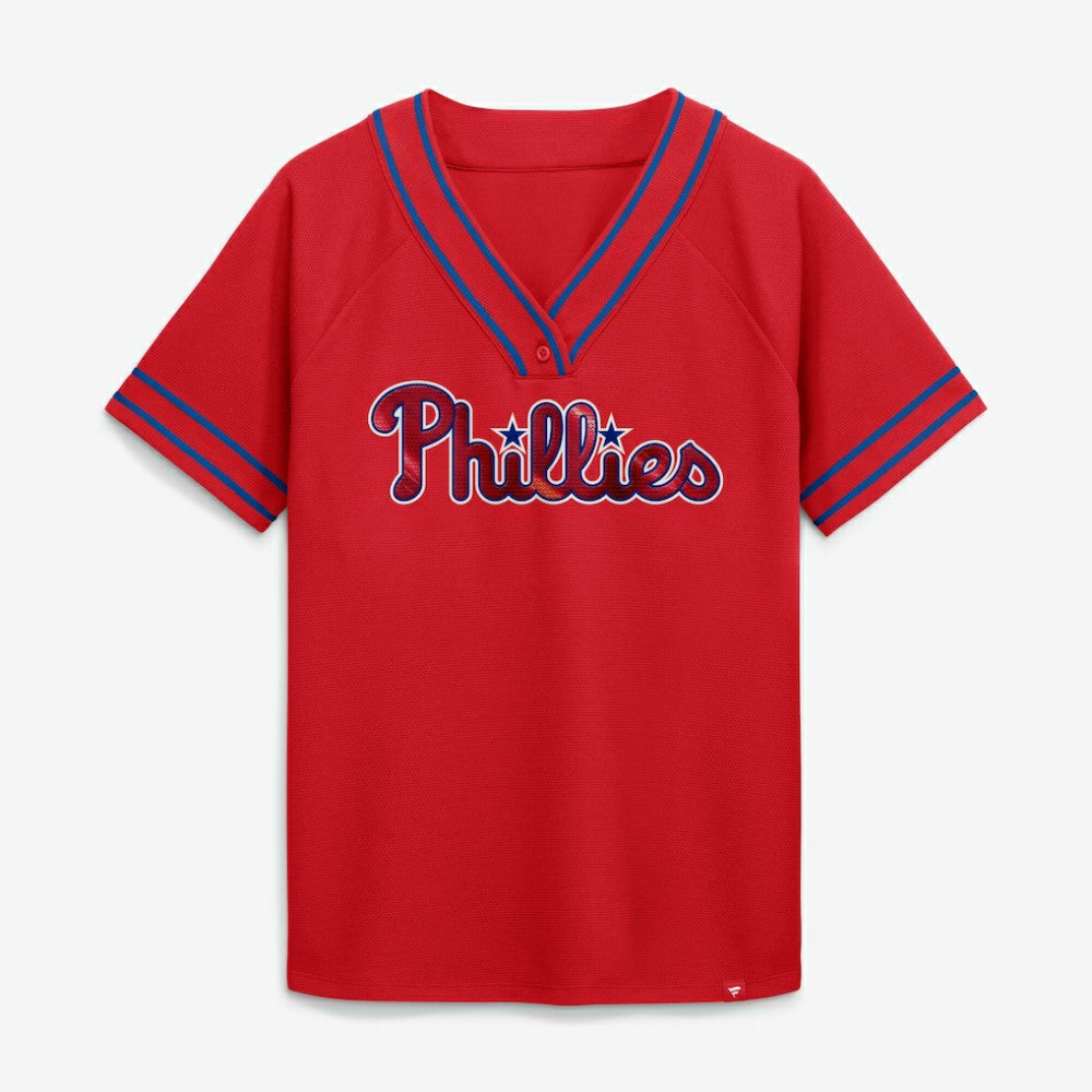 Red Philadelphia Phillies Fanatics Women's Diva Race Ahead Raglan V-Neck T-Shirt