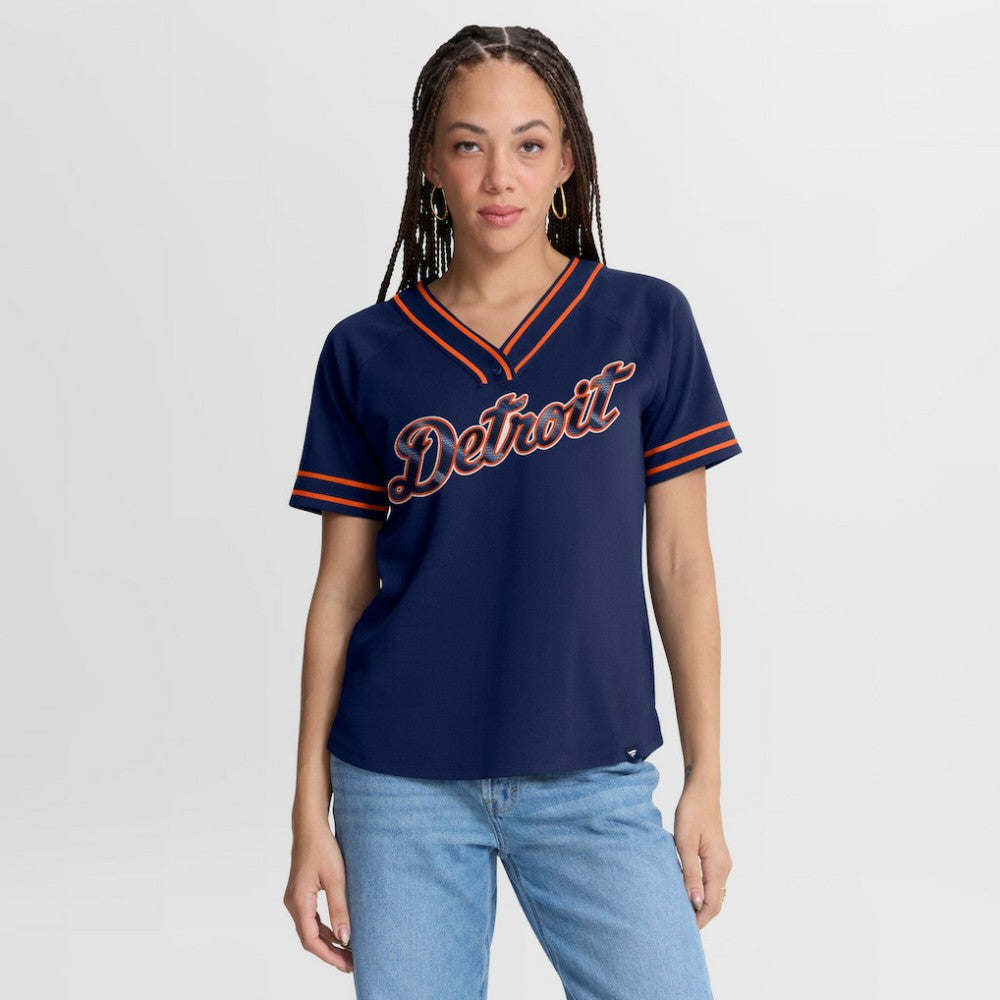 Navy Detroit Tigers Fanatics Women's Diva Race Ahead Raglan V-Neck T-Shirt