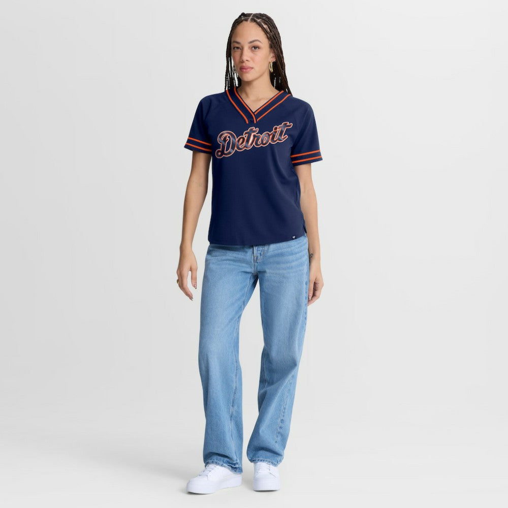 Navy Detroit Tigers Fanatics Women's Diva Race Ahead Raglan V-Neck T-Shirt