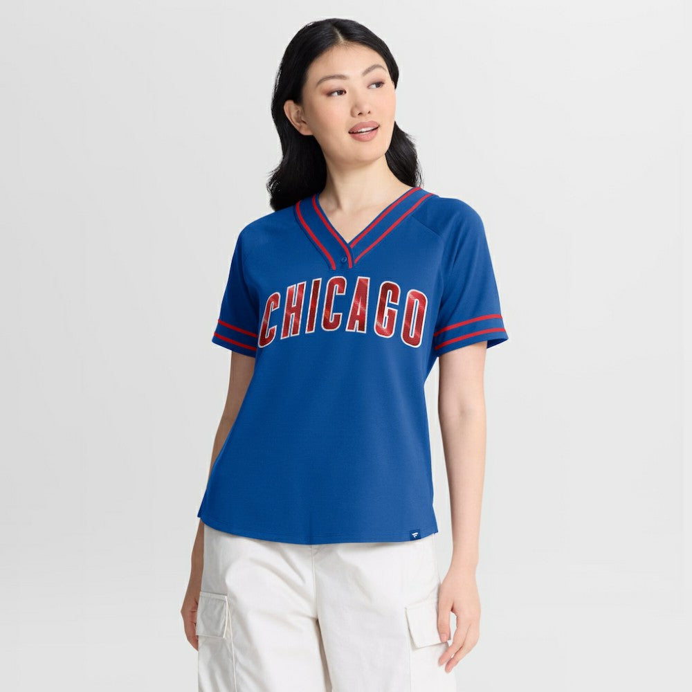 Royal Chicago Cubs Fanatics Women's Diva Race Ahead Raglan V-Neck T-Shirt