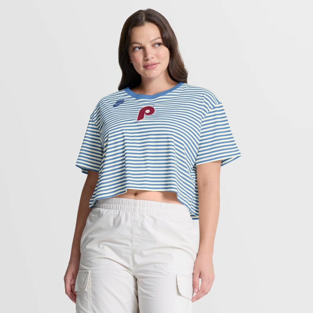 Light Blue/Cream Philadelphia Phillies Nike Women's Cooperstown Collection Striped Cropped T-Shirt