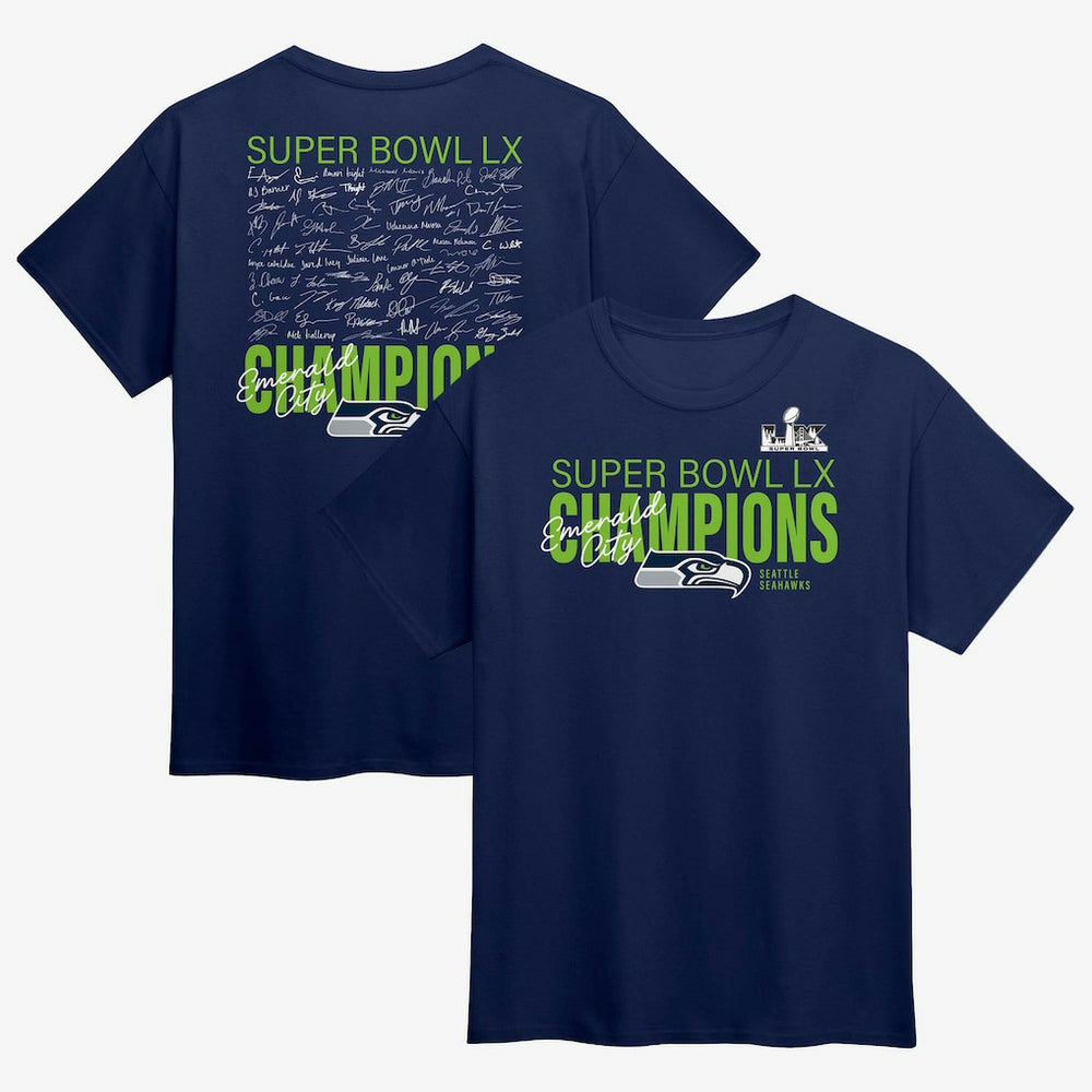 Super Bowl LX Champions Autograph Signing Roster T-Shirt - Seattle Seahawks T-shirts