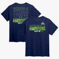 Super Bowl LX Champions Autograph Signing Roster T-Shirt - Seattle Seahawks T-shirts