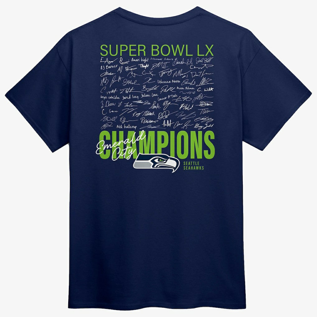 Super Bowl LX Champions Autograph Signing Roster T-Shirt - Seattle Seahawks T-shirts