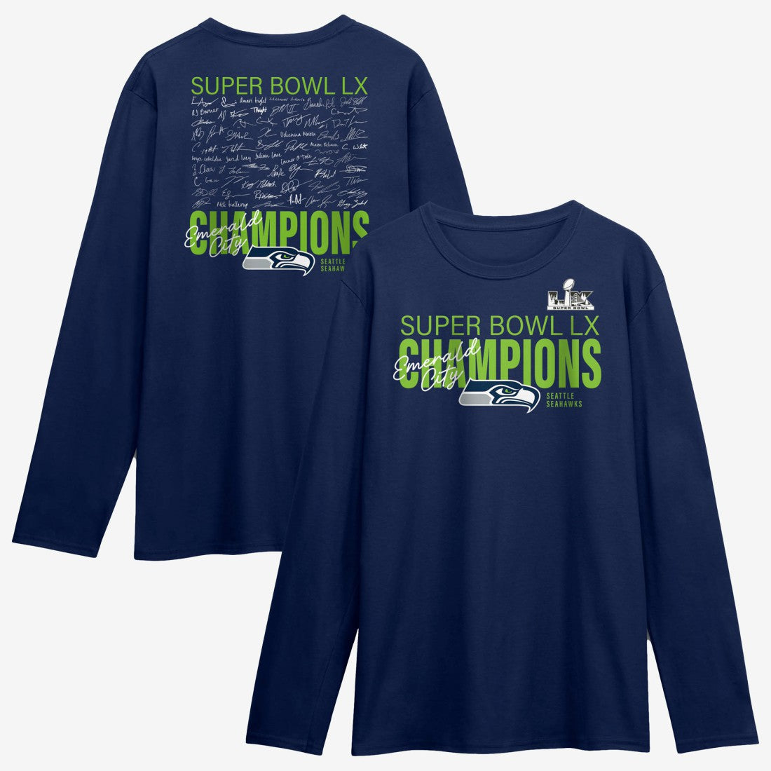 Super Bowl LX Champions Autograph Signing Long Sleeve Roster T-Shirt - Seattle Seahawks T-shirts
