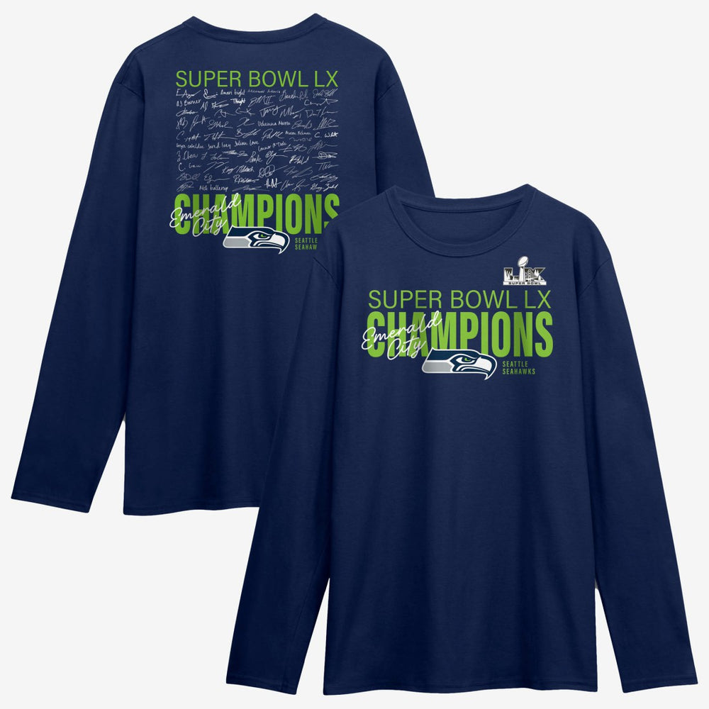 Super Bowl LX Champions Autograph Signing Long Sleeve Roster T-Shirt - Seattle Seahawks T-shirts