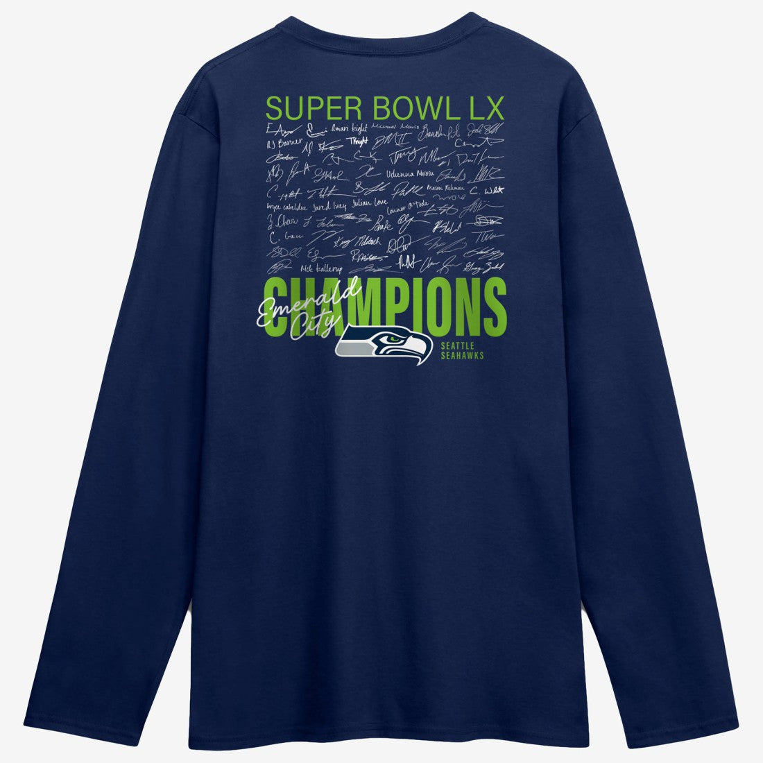 Super Bowl LX Champions Autograph Signing Long Sleeve Roster T-Shirt - Seattle Seahawks T-shirts