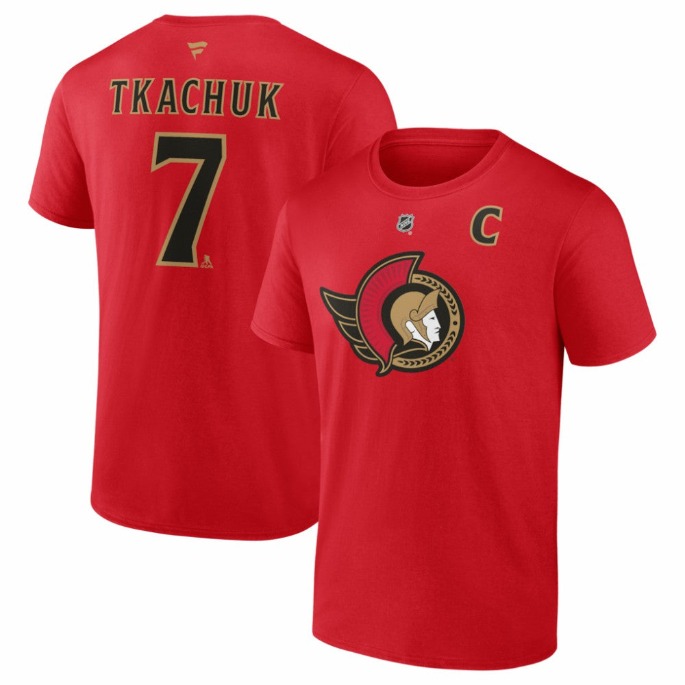 NHL Brady Tkachuk Ottawa Senators Fanatics Captain's Patch Authentic Stack Name & Number T-Shirt