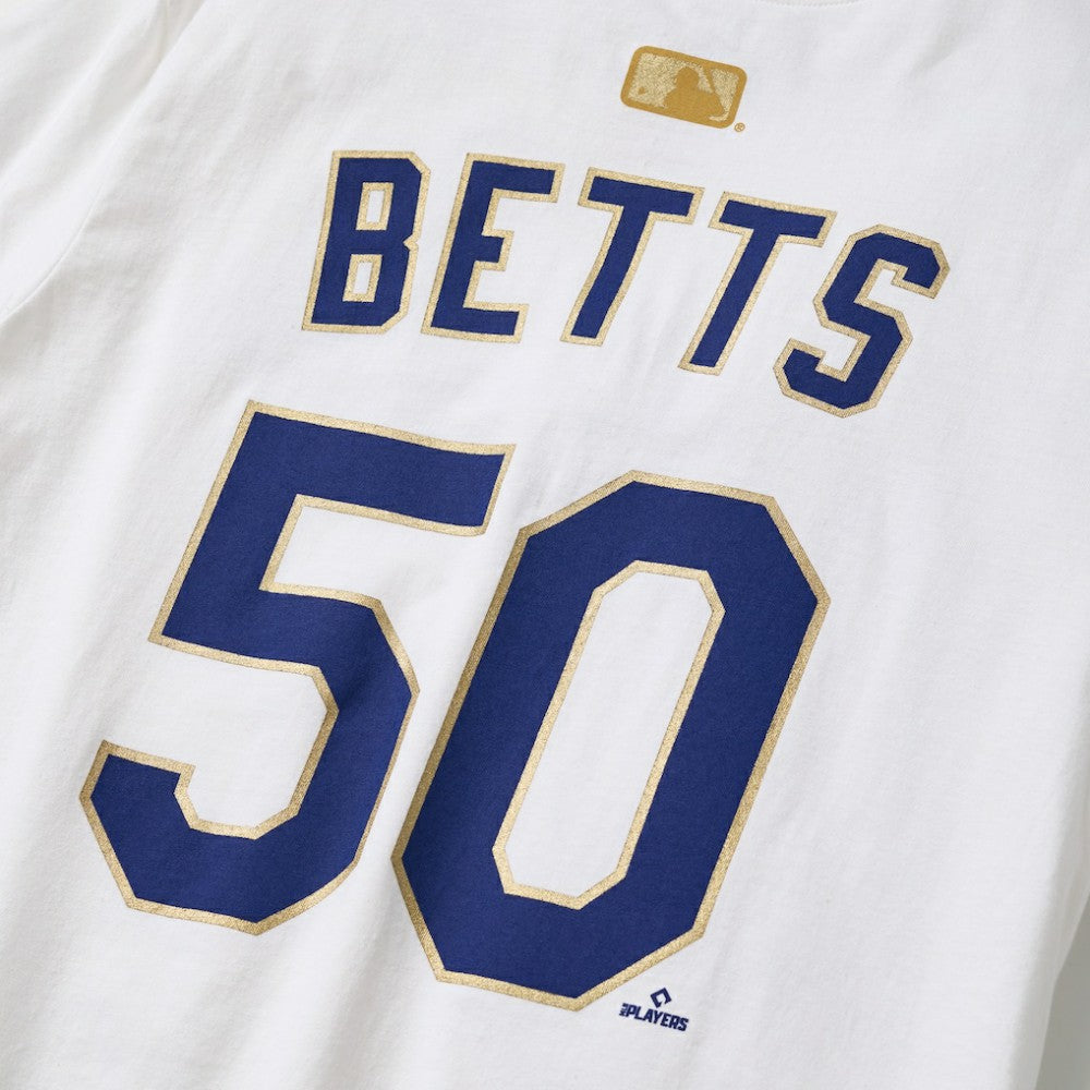 White Mookie Betts Los Angeles Dodgers Nike 2026 Gold Collection Name & Number T-Shirt