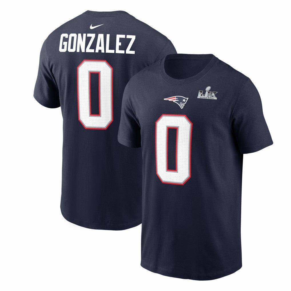Christian Gonzalez  Super Bowl LX Patch Name & Number T-Shirt - New England Patriots T-shirts