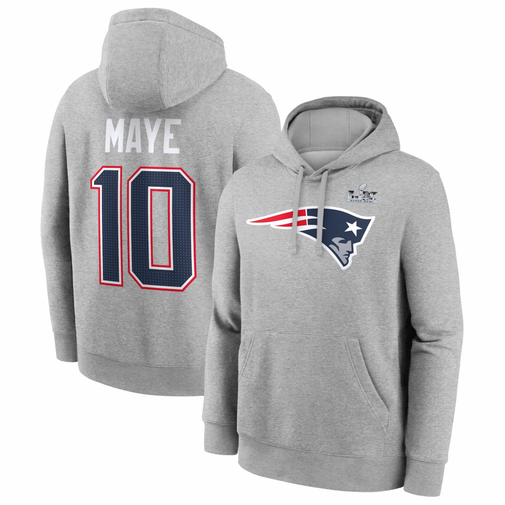Drake Maye  Super Bowl LX Patch Name & Number Hoodie - New England Patriots Hoodies