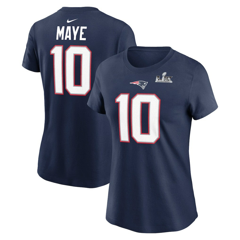 Drake Maye  Women's Super Bowl LX Patch Name & Number T-Shirt - New England Patriots T-shirts