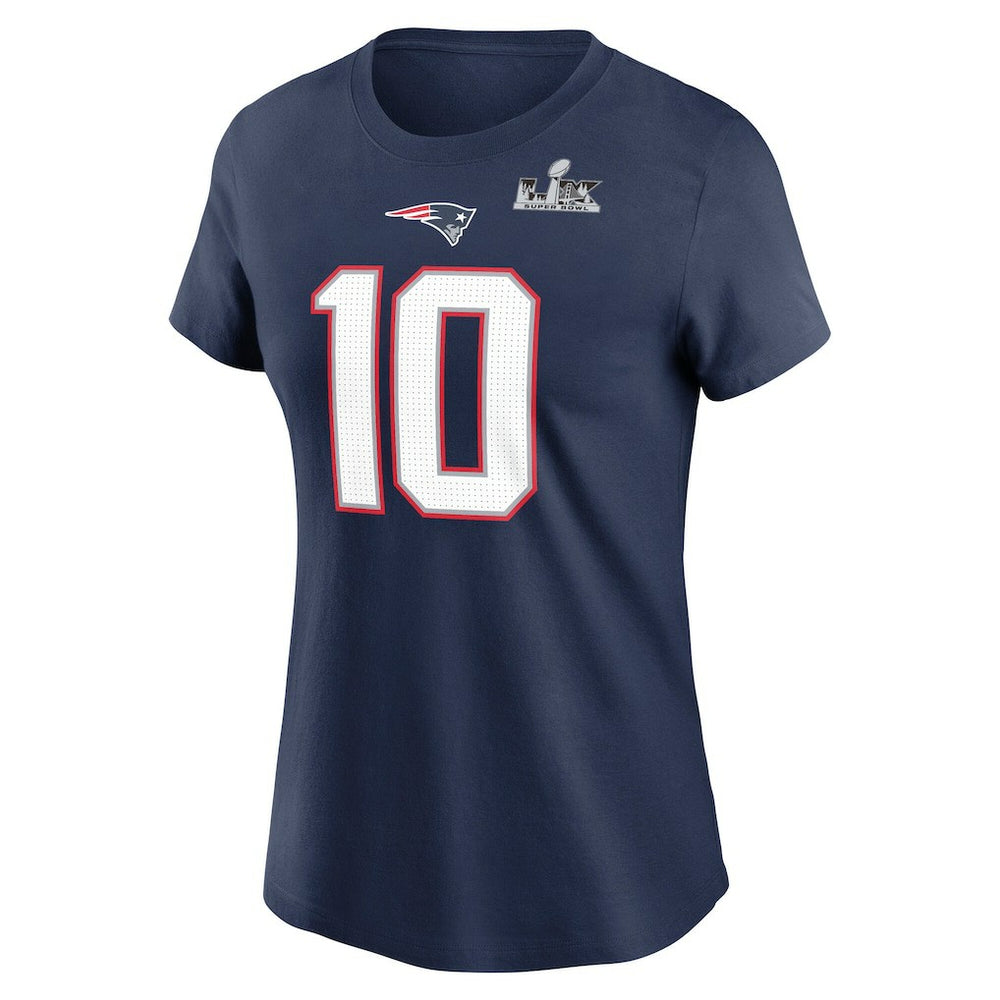 Drake Maye  Women's Super Bowl LX Patch Name & Number T-Shirt - New England Patriots T-shirts