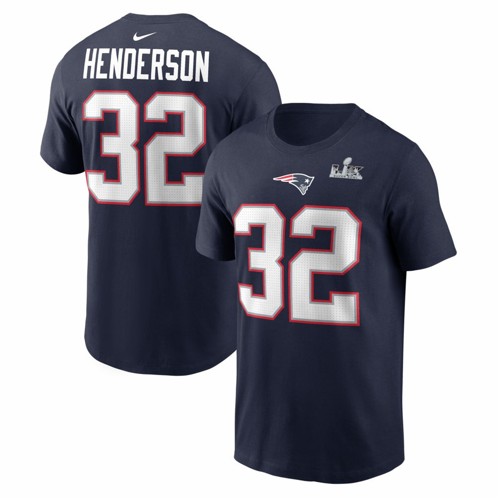 TreVeyon Henderson  Super Bowl LX Patch Name & Number T-Shirt - New England Patriots T-shirts