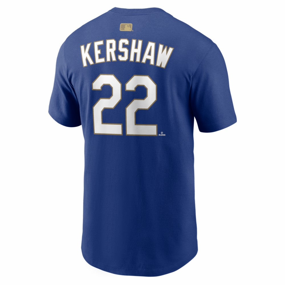 Royal Clayton Kershaw Los Angeles Dodgers Nike 2026 Gold Collection Name & Number T-Shirt