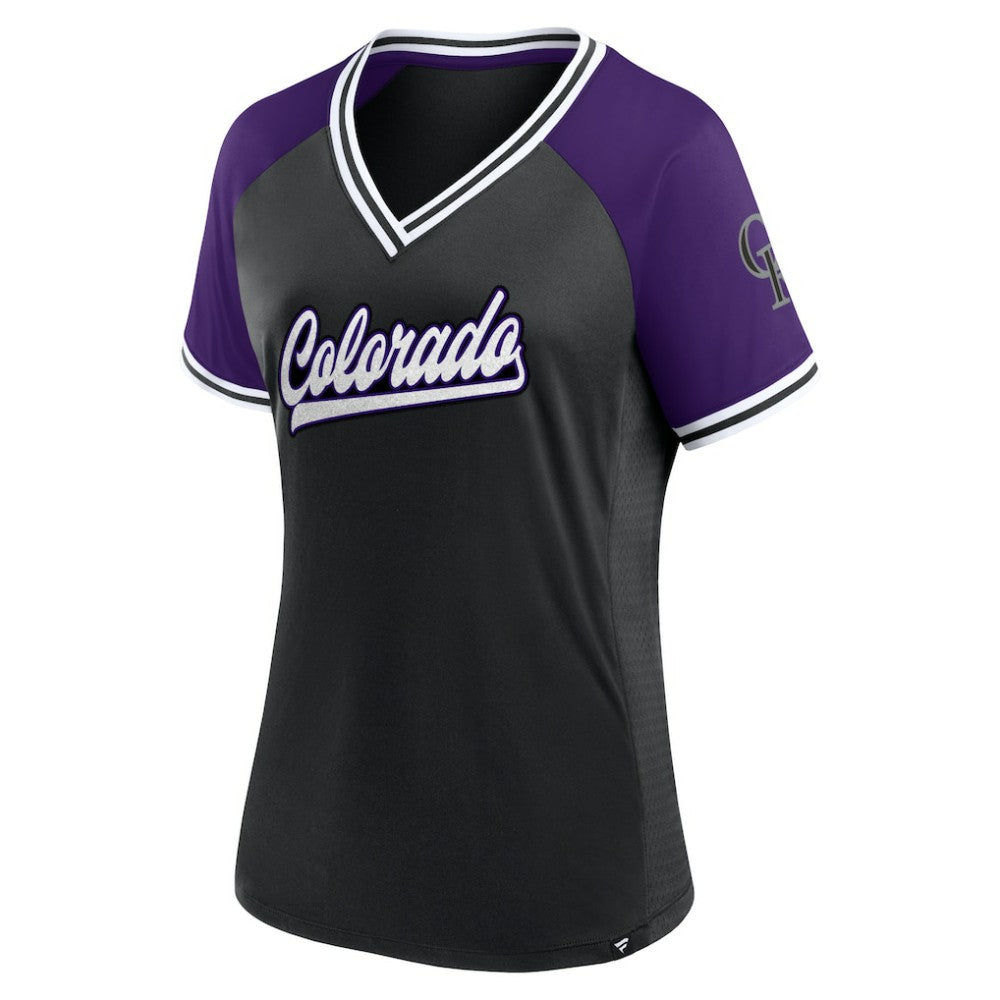 Black Colorado Rockies Fanatics Women's Glitz & Glam League Diva Raglan V-Neck T-Shirt