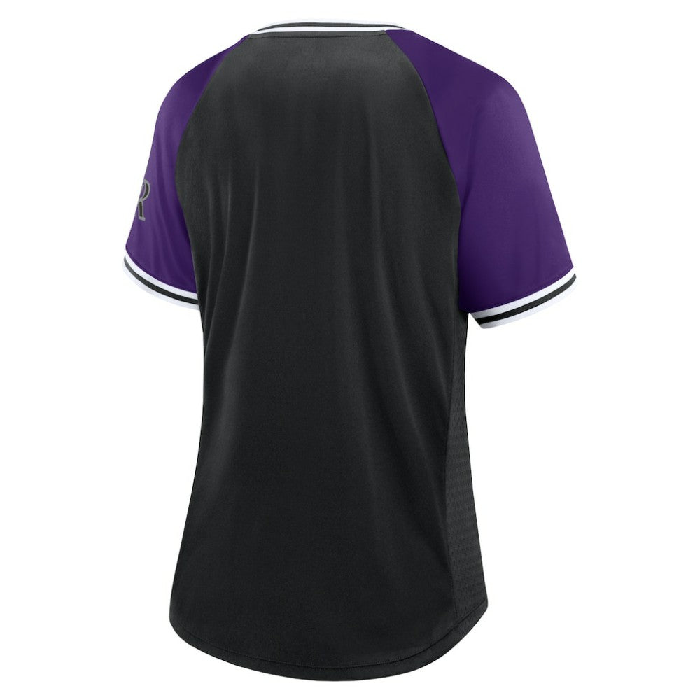 Black Colorado Rockies Fanatics Women's Glitz & Glam League Diva Raglan V-Neck T-Shirt