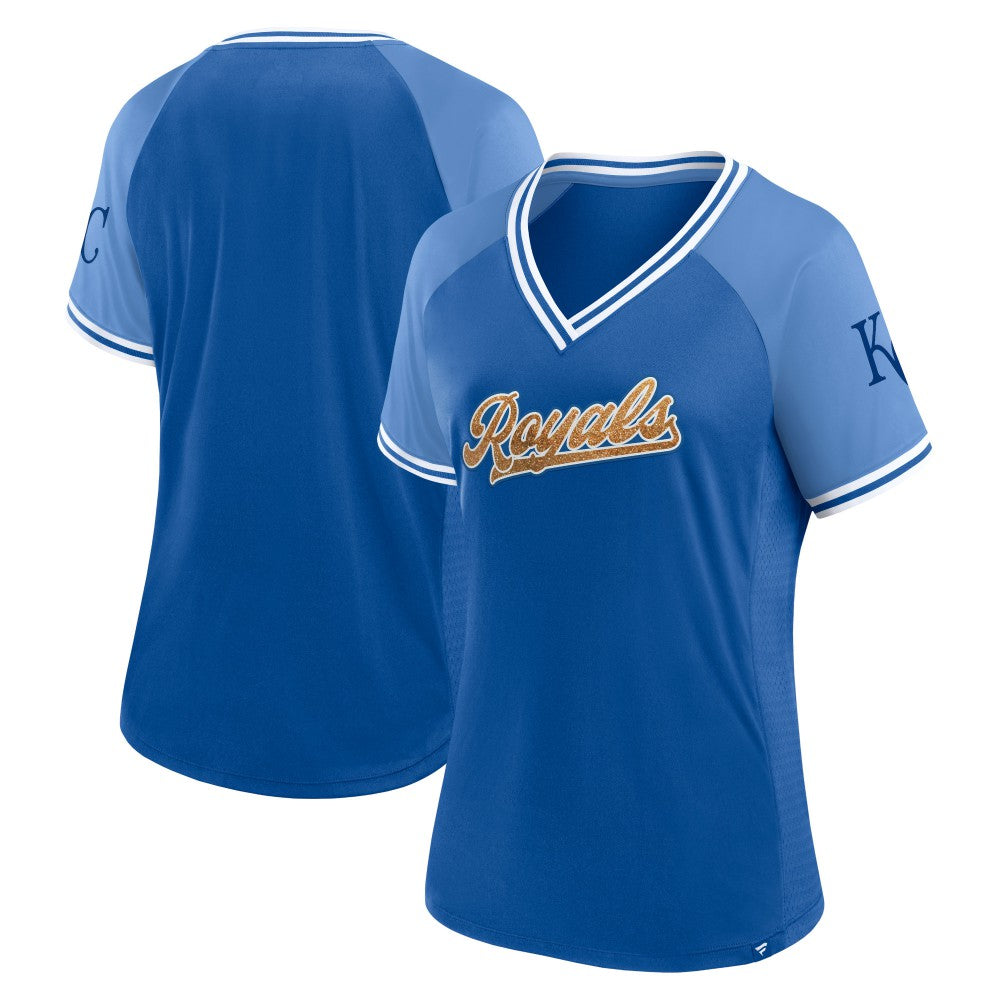 Royal Kansas City Royals Fanatics Women's Glitz & Glam League Diva Raglan V-Neck T-Shirt